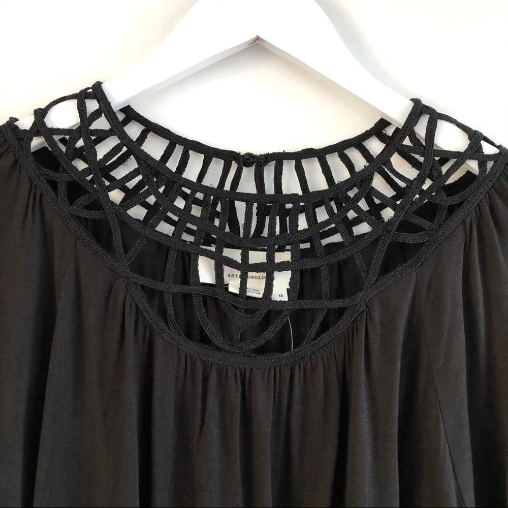 Anthropologie Black Embroidered Lace Bib Top Size XS